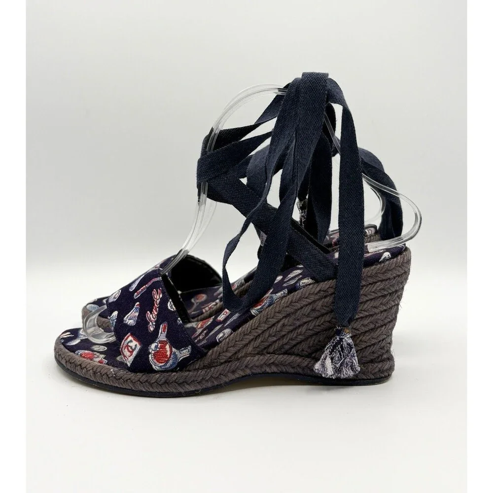 Chanel Badminton/Tennis Theme Navy Blue Espadrille Wedge Sandals Vintage EU 35